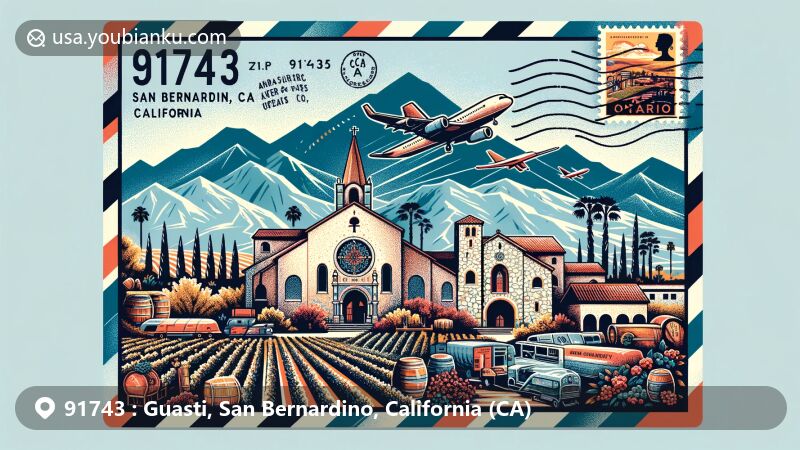 Modern illustration of Guasti, San Bernardino, California, focusing on air mail theme with ZIP code 91743, showcasing viticulture history, including vineyard landscape, historic stone winery, and Mexican-Italian style church, blending with vintage postal elements like San Bernardino Mountains stamp and Guasti postmark.