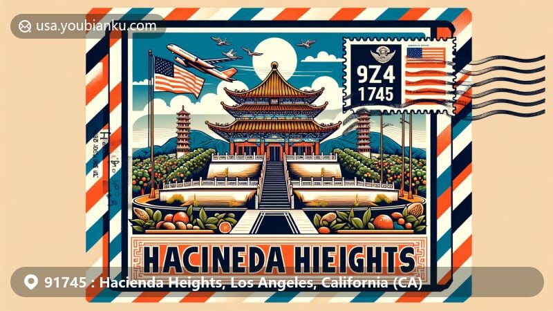Modern illustration of Hacienda Heights, Los Angeles County, California, featuring postal theme with ZIP code 91745, highlighting the largest Buddhist temple in North America.