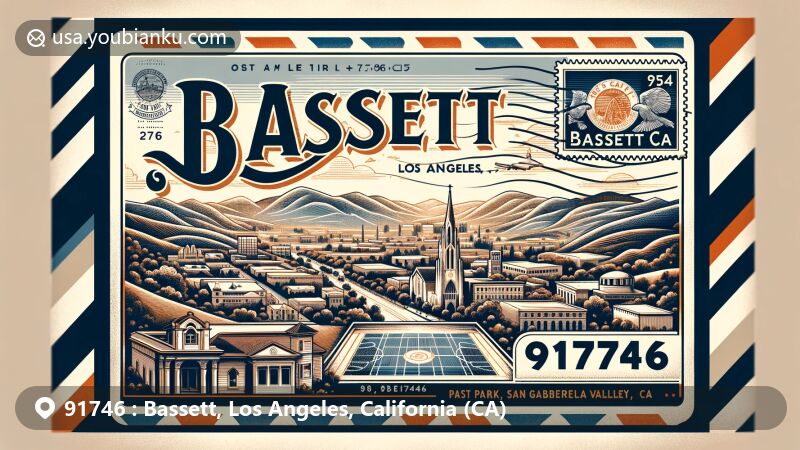 Modern illustration of Bassett, Los Angeles County, California, on vintage airmail envelope with ZIP code 91746, featuring symbolic elements of Bassett's heritage and San Gabriel Valley, including Bassett Park, California state flag, and community vibrancy.
