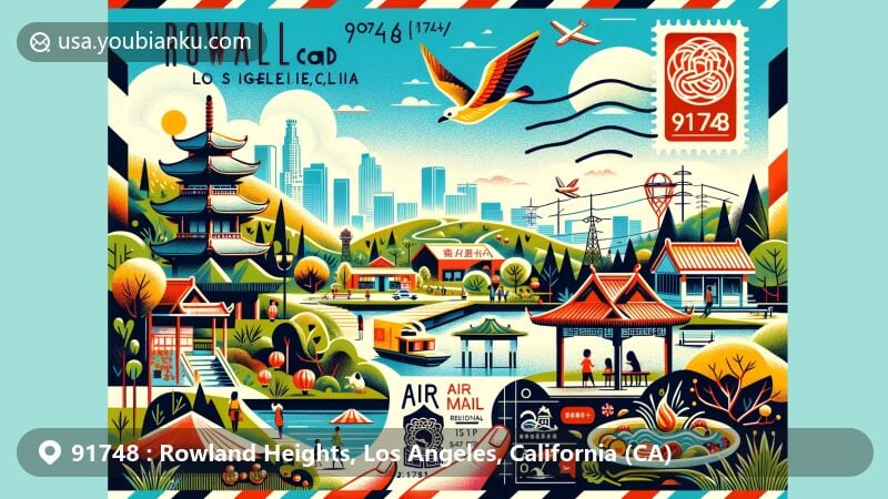 Modern illustration of Rowland Heights, Los Angeles, California, featuring postal theme with ZIP code 91748, showcasing Schabarum Regional Park, Hsi Lai Temple, and Asian cuisine.