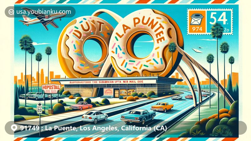 Modern illustration of La Puente, Los Angeles, California, featuring The Donut Hole bakery and postal theme with ZIP code 91749, capturing suburban tranquility in the San Gabriel Valley.