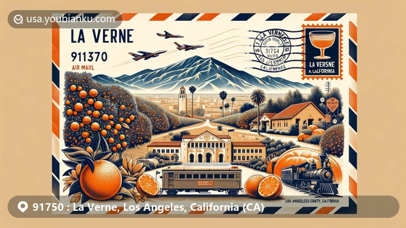 Modern illustration of La Verne, California, ZIP code 91750, combining air mail theme with San Gabriel Mountains backdrop, citrus industry elements, vintage train motif, and postal details.