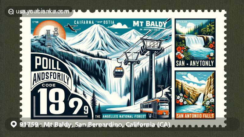Modern illustration of Mt Baldy area in San Bernardino, California, with postal code 91759, featuring snowy peaks and Mt Baldy Ski Lifts, San Antonio Falls, and vintage-style postage stamp.