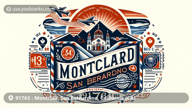 Modern illustration of Montclair, San Bernardino County, California, with air mail envelope theme and iconic Iglesia Ni Cristo chapel, postal elements like stamp and postmark, featuring Pomona Valley, San Bernardino County, and California state flag.