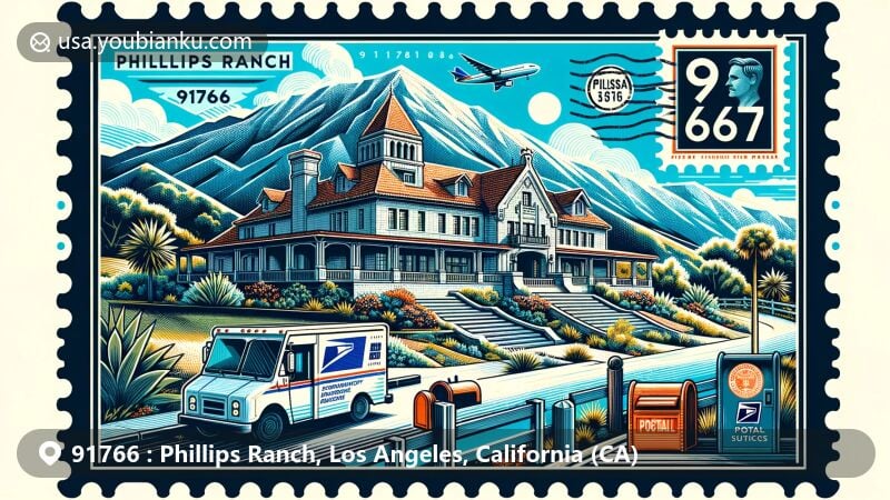 Modern illustration of Phillips Ranch, Pomona, California, featuring postal theme with ZIP code 91766, showcasing historic Phillips Mansion and distant view of Mt. San Antonio.