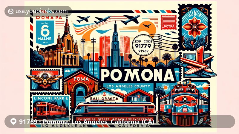 Vibrant modern illustration of Pomona, Los Angeles County, California, themed around ZIP code 91769, featuring iconic landmarks like California State Polytechnic University, Pomona, Lincoln Park Historic District, and RailGiants Train Museum.