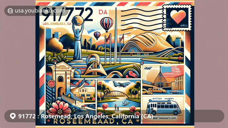Modern illustration of Rosemead, Los Angeles County, California, featuring postal theme with ZIP code 91772, showcasing Rosemead Park, Robert Indiana’s Love Sculpture, and Whittier Narrows Golf Course.