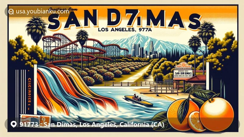 Modern illustration of San Dimas, Los Angeles County, California, showcasing postal theme with ZIP code 91773, featuring Raging Waters Los Angeles, San Gabriel Mountains, citrus groves, and vintage postcard design.