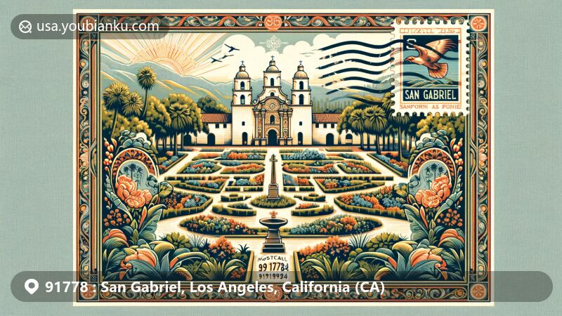 Creative postcard design of San Gabriel, California, featuring iconic Mission San Gabriel Arcángel, lush gardens, vintage postal theme with California state flag stamp, postmark '2024,' ZIP Code '91778,' and Tongva-inspired border.