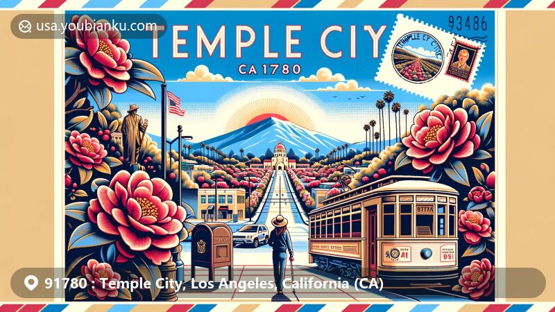 Modern illustration of Temple City, Los Angeles County, California, highlighting iconic Camellia flowers and Temple City Park, symbolizing the city's community spirit and annual Camellia Festival.