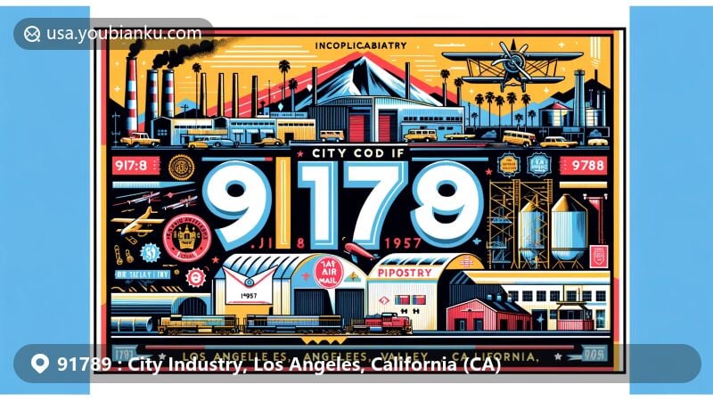 Modern illustration of City of Industry, Los Angeles County, California, featuring ZIP code 91789, highlighting industrial and commercial essence with San Gabriel Valley outline, warehouses, railroads, vintage postal elements, and city incorporation date June 18, 1957.