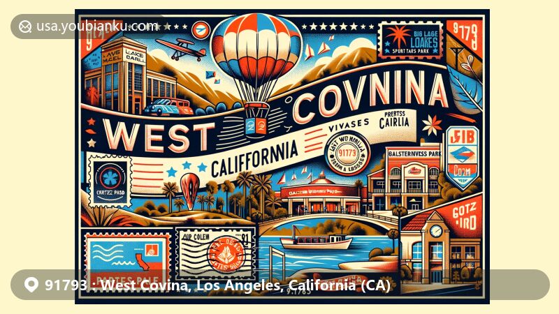 Modern illustration of West Covina, California, featuring The Lakes Mall, Big League Dreams sports park, Galster Wilderness Park, and Cortez Park, integrated with postal theme elements like vintage air mail envelope, stamps, and ZIP code 91793.