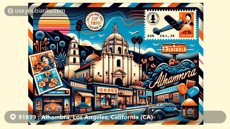 Modern illustration of Alhambra, Los Angeles County, California, featuring San Gabriel Mission, Valley Boulevard Chinese district, 'The Hat' sign, and postal theme with air mail envelope showcasing ZIP code 91899 and iconic landmarks.