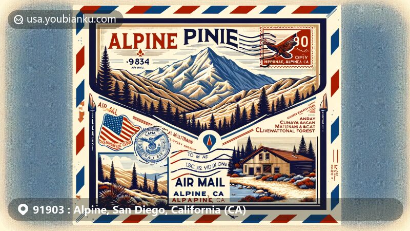 Modern illustration of Alpine, California, depicting Cuyamaca Mountains, Cleveland National Forest, and Viejas Mountain, showcasing elevation of 1,834 feet, warm-summer Mediterranean climate, and postal theme with ZIP code 91903.
