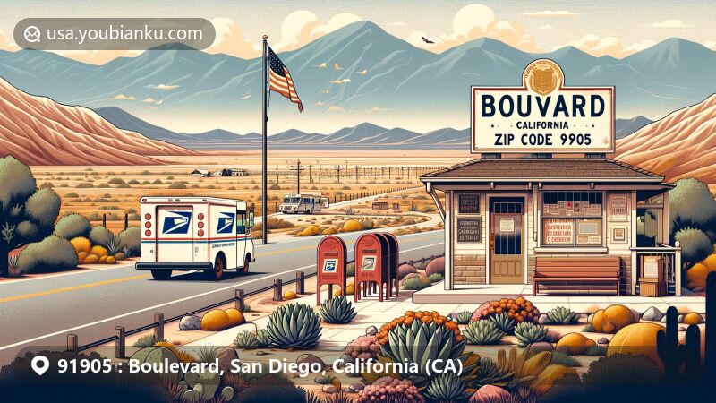 Modern illustration of Boulevard, California, showcasing postal theme with ZIP code 91905, featuring Tecate Divide, Laguna Mountains, and desert landscape.