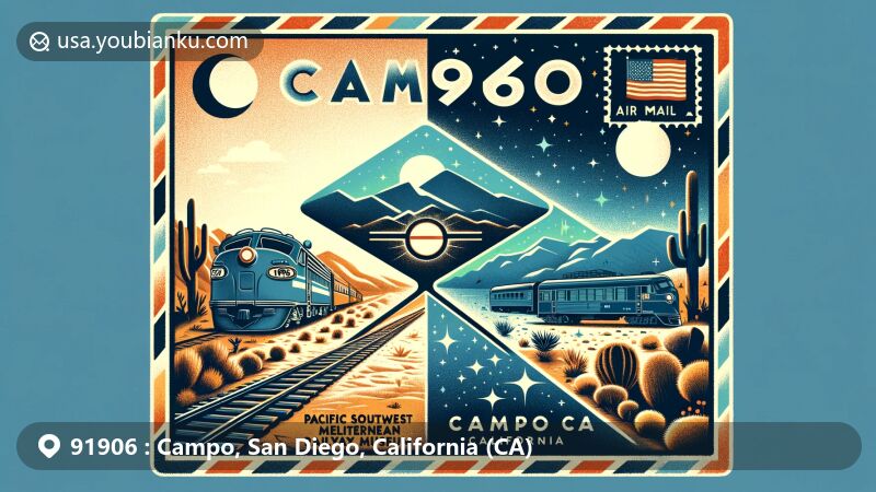Colorful wide-format illustration of Campo, California, ZIP code 91906, in San Diego County, showcasing the beauty of the town and its natural surroundings.