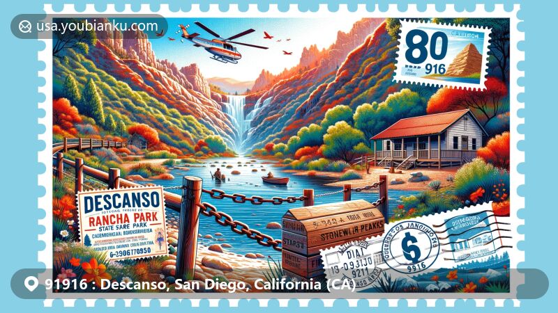 Modern illustration of Descanso in San Diego County, California, highlighting the area's features and postal elements, including Cuyamaca Rancho State Park, Stonewall Peak Trail, Stonewall Jackson Gold Mine, vintage stamp with area code '619' and ZIP Code '91916', and postal cancellation mark.
