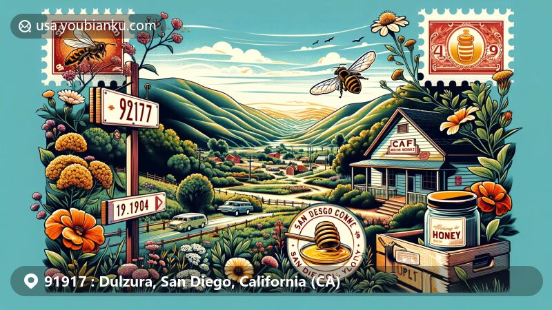 Modern illustration of ZIP Code 91917 in Dulzura, San Diego County, California, showcasing the rural charm and history of the honey industry, with San Ysidro Mountains in the background and vintage postcard elements in the foreground.