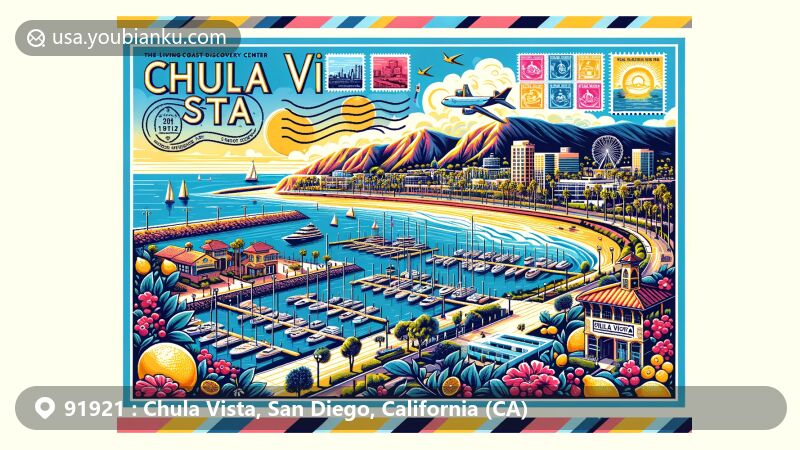Vibrant illustration of Chula Vista, California, showcasing iconic landmarks like Living Coast Discovery Center, Elite Athlete Training Center, and Third Avenue Village, with postal elements and ZIP Code 91921, featuring harbor and lemon motifs.