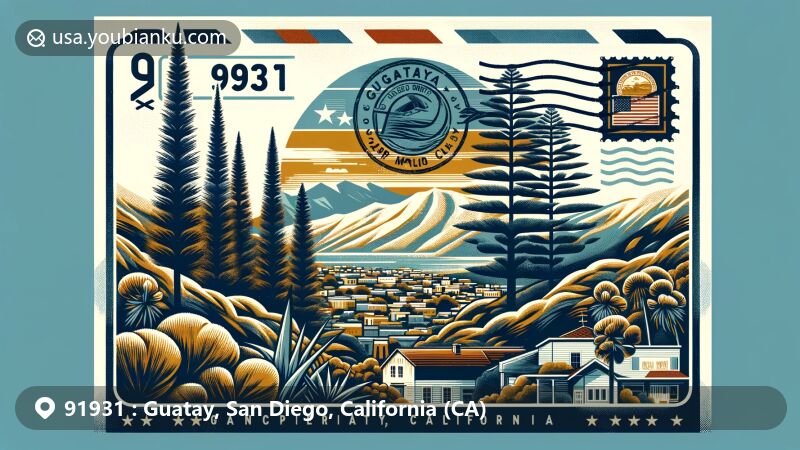 Modern illustration of Guatay, San Diego County, California, featuring ZIP code 91931, showcasing unincorporated community in Cuyamaca Mountains with Tecate Cypress trees and California state flag.
