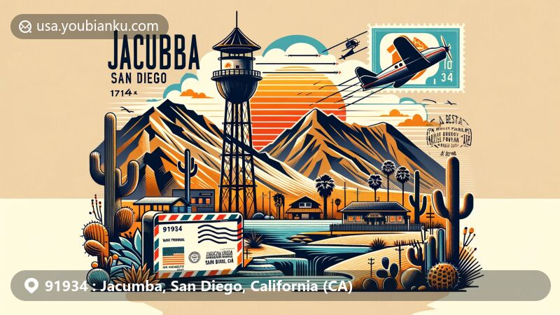Modern illustration of Jacumba, San Diego County, California, highlighting elements like Desert View Tower, Jacumba Hot Springs, and Mexican border influences, set against Jacumba Mountains and desert landscape. Includes postal theme with vintage air mail envelope, California state flag stamp, and ZIP code 91934.