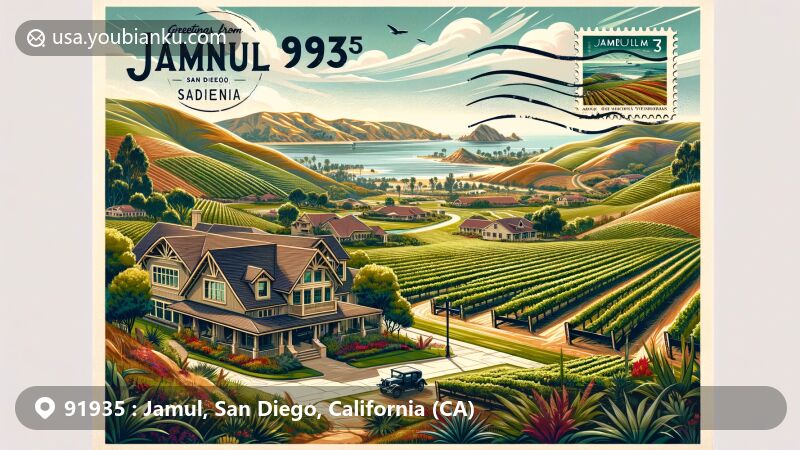 Modern illustration of Jamul, San Diego, California, showcasing rural and suburban elements with vast hills and valleys, highlighting Rustic Ridge Vineyards. Includes a luxurious mansion in the vineyard, overlooking the Pacific Ocean and Coronado Islands, featuring a vintage stamp with 'Jamul, CA 91935', a postal mark, and elegant handwritten 'Greetings from Jamul'. Inviting depiction of Jamul's serene charm, ideal for nature lovers and wine enthusiasts.