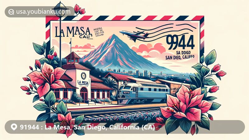 Modern illustration of La Mesa, San Diego, California, displaying postal theme with ZIP code 91944, showcasing Mount Helix, La Mesa Depot, and bougainvillea flowers.