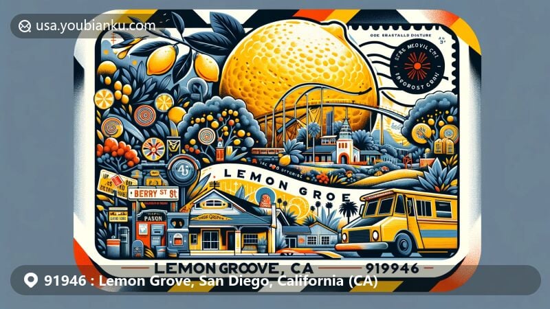 Creative depiction of Lemon Grove, California, featuring postal theme with ZIP code 91946, showcasing iconic large lemon, Berry Street Park's natural beauty, and local cultural murals.
