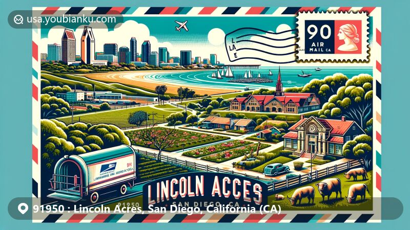 Modern illustration of Lincoln Acres, San Diego, California, featuring iconic cityscape and rural elements, with postal theme including vintage postage stamp and ZIP code 91950.