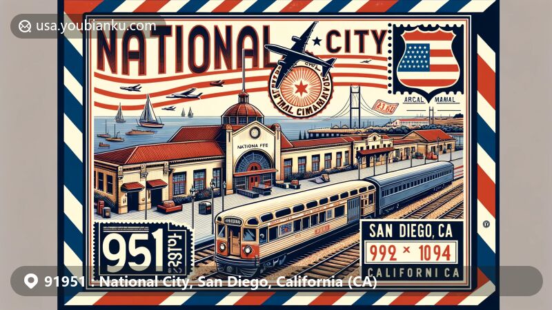 Modern illustration of National City, San Diego, California, with ZIP code 91951, showcasing the Santa Fe Rail Depot, California state symbols, and San Diego Bay.