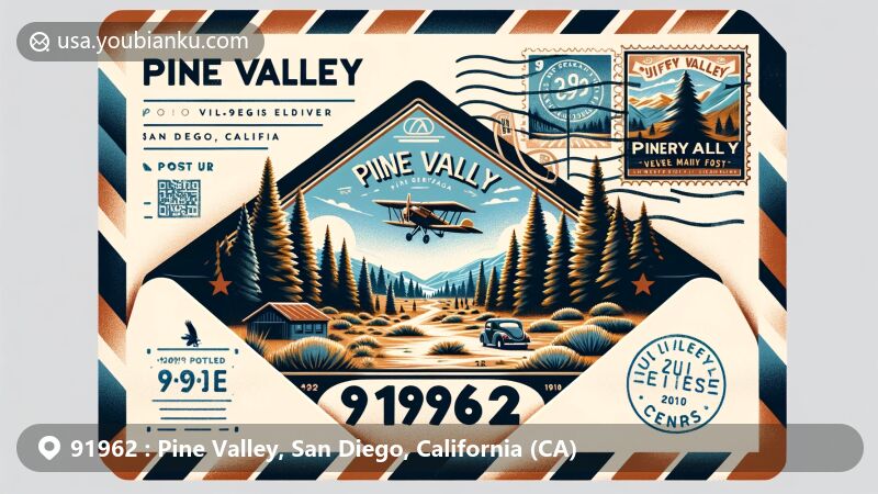 Modern illustration of Pine Valley, San Diego, California, showcasing natural beauty in Cuyamaca Mountains and Cleveland National Forest, featuring Jeffrey pines and hinting at local wildlife and outdoor activities.