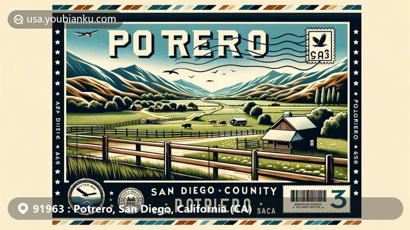 Modern illustration of Potrero, San Diego County, California, showcasing rural charm and outdoor activities, with green pastures, park setting, and community atmosphere.