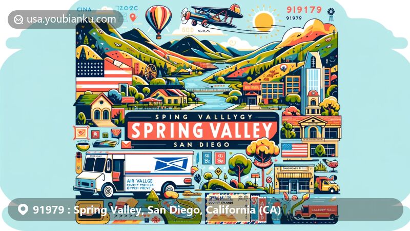 Modern illustration of Spring Valley, San Diego County, California, capturing ZIP code 91979 essence with postal theme, landmarks, and local features like parks, hiking trails, and community atmosphere.