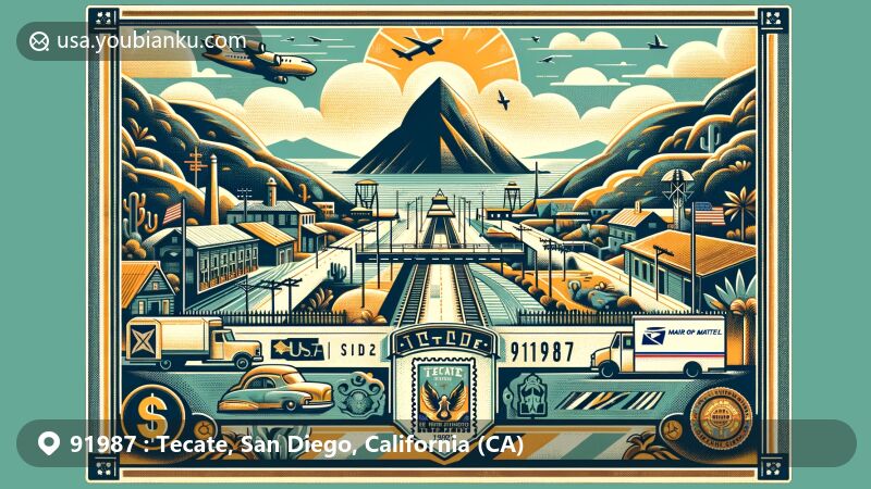 Modern illustration of Tecate, San Diego, California, showcasing postal theme with ZIP code 91987, featuring Tecate Port of Entry and Tecate Peak, symbols of geographical and cultural significance.
