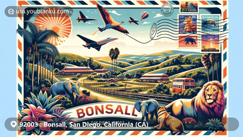 Vibrant postcard illustration of Bonsall, San Diego, California, highlighting Wild Wonders wildlife center and the region's natural charm with rolling hills and palm trees.