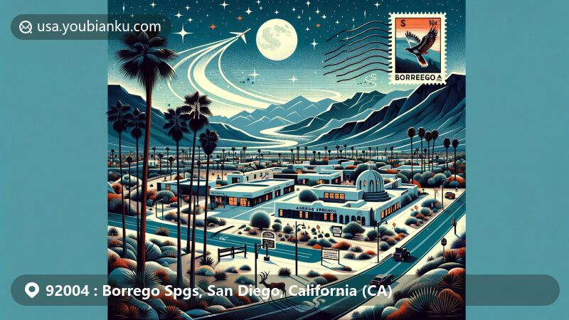 Contemporary illustration of Borrego Springs, San Diego, California, in ZIP code 92004, featuring Anza-Borrego Desert State Park, California Fan Palm, pueblo-style architecture, Christmas Circle roundabout, and star-filled night sky.