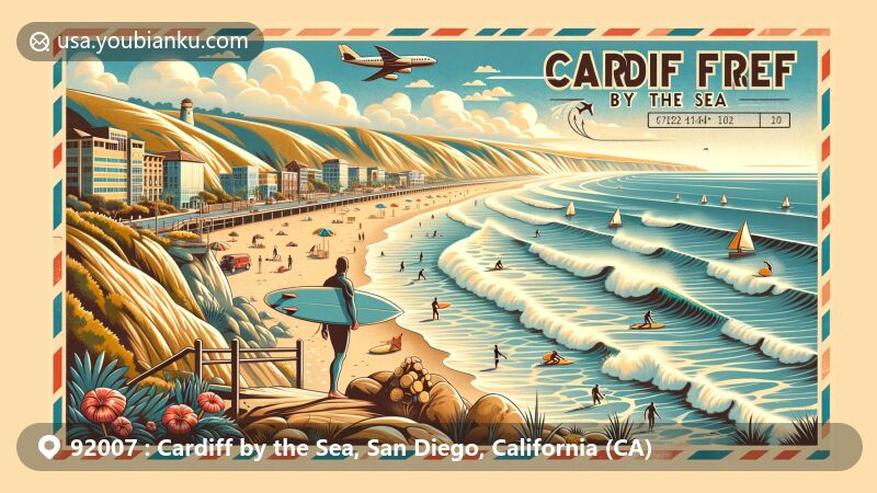 Modern illustration of Cardiff by the Sea, San Diego, California, capturing the surfing vibe of Cardiff Reef with surfers, sandy beaches, cliffs, tide pools, sunny weather, and the iconic Cardiff Kook statue.