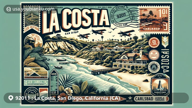 Vibrant illustration of La Costa, Carlsbad, California in the ZIP code 92011 area, highlighting Leo Carrillo Ranch Historic Park, white-sand beaches, and ocean-side cliffs.