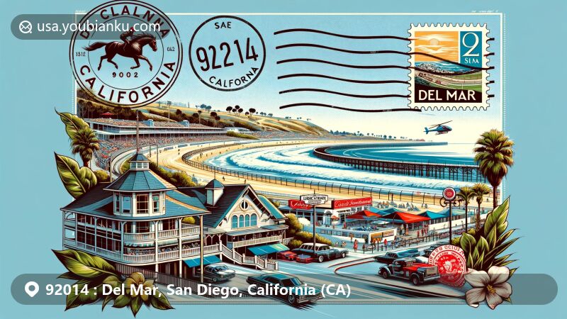 Modern illustration of Del Mar, California, blending seaside charm and horse racing culture, incorporating postal elements.