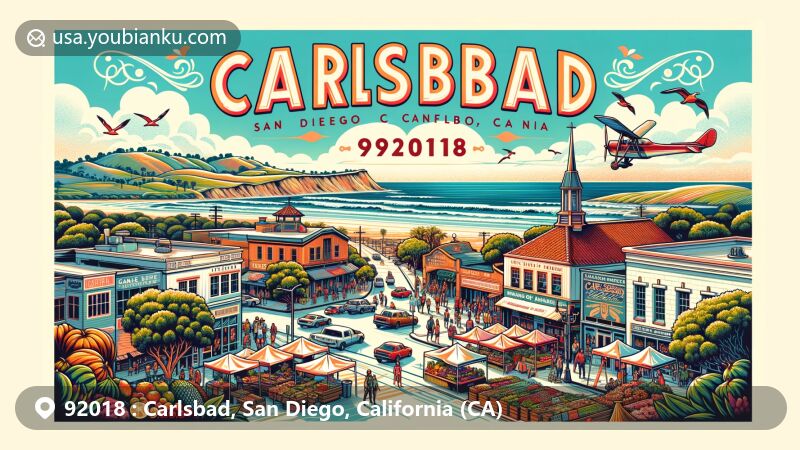 Modern illustration of Carlsbad, San Diego, California, representing ZIP code 92018, featuring Carlsbad Village, State Street Farmers' Market, Carlsbad State Beach, and the Museum of Making Music.