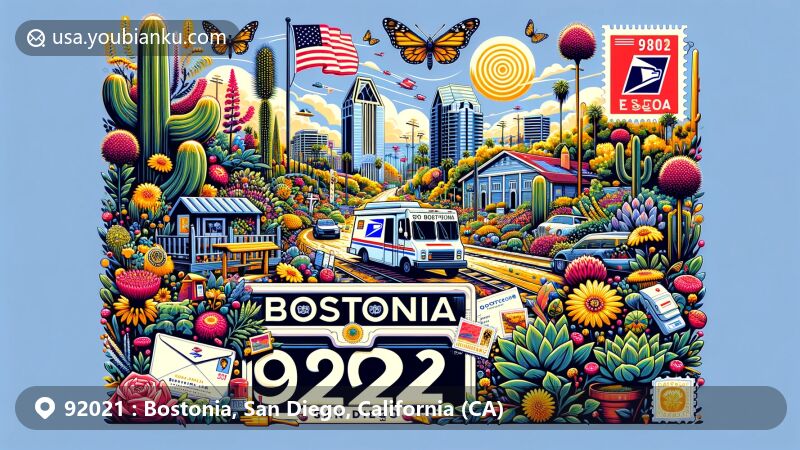 Modern illustration of Bostonia area, San Diego, California, with ZIP code 92021, fusing local features and postal themes, highlighting El Cajon proximity and Ambrosia pumila plants.