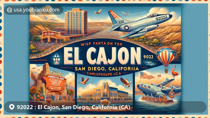 Modern illustration of El Cajon, San Diego, California, featuring ZIP Code 92022, showcasing Sycuan Casino, Air Group One Commemorative Air Force Museum, and Mother Goose Parade in a wide-format postcard-style design.