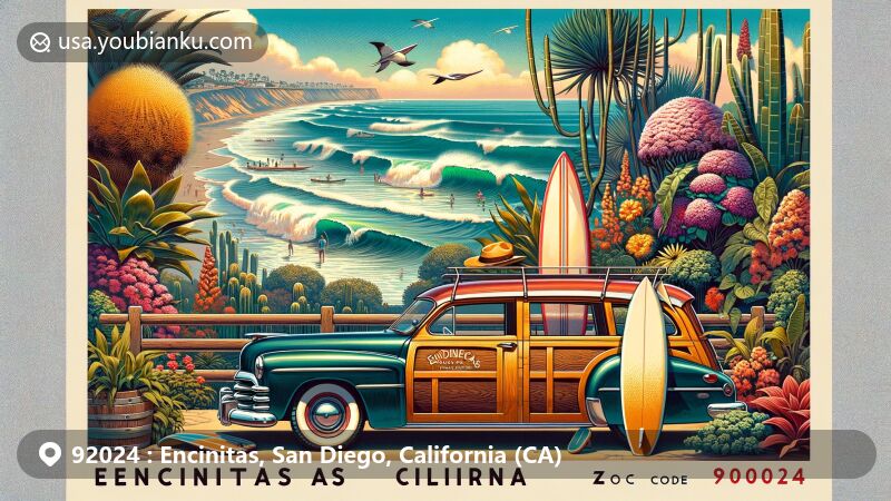 Modern illustration of Encinitas, California, showcasing surf culture, botanical gardens, and 'Flower Capital of the World' title, with vintage postcard design featuring surfboards, wood-paneled station wagon, and coastal bluff overlooking the Pacific Ocean.