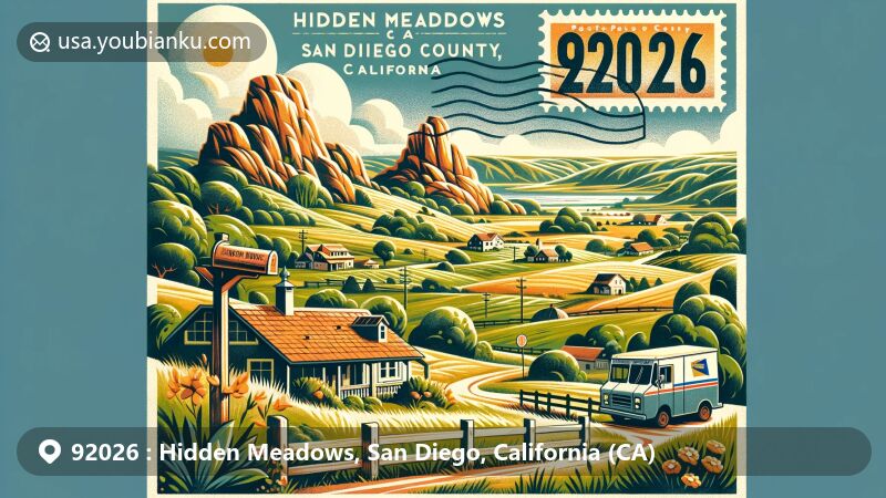 Modern illustration of Hidden Meadows, San Diego County, California, highlighting postal elements and characteristic features, showcasing typical rock formations and lush greenery that define the area.