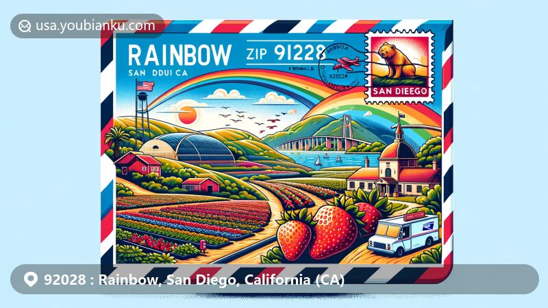 Modern illustration of Rainbow, San Diego County, California, showcasing postal theme with ZIP code 92028, featuring Rainbow County Park, Kenny’s Strawberry Farm, and Balboa Park landmarks.