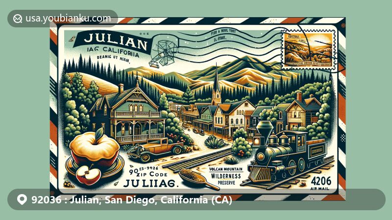 Modern illustration of Julian, San Diego County, California, highlighting ZIP code 92036, showcasing Victorian architecture, apple pies, and gold mining heritage, with lush forested landscape and outdoor activities in the background.