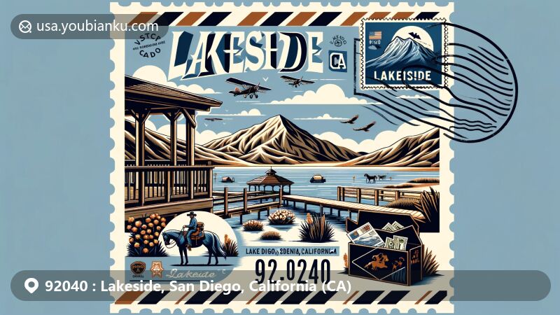 Modern illustration of Lakeside, San Diego, California, featuring ZIP code 92040, showcasing Lindo Lake, El Capitan Mountain, cowboy town theme, and postal elements.