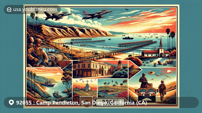 Detailed illustration of Marine Corps Base Camp Pendleton in San Diego, California, with ZIP code 92055, showcasing key landmarks and military training activities in a stylized air mail envelope.