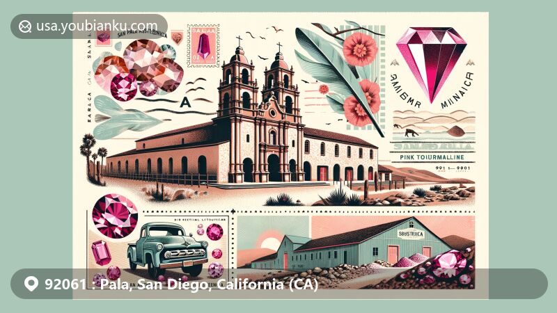 Modern illustration of Pala, California, showcasing ZIP code 92061, featuring San Antonio de Pala Asistencia and pink tourmaline gem mining heritage.