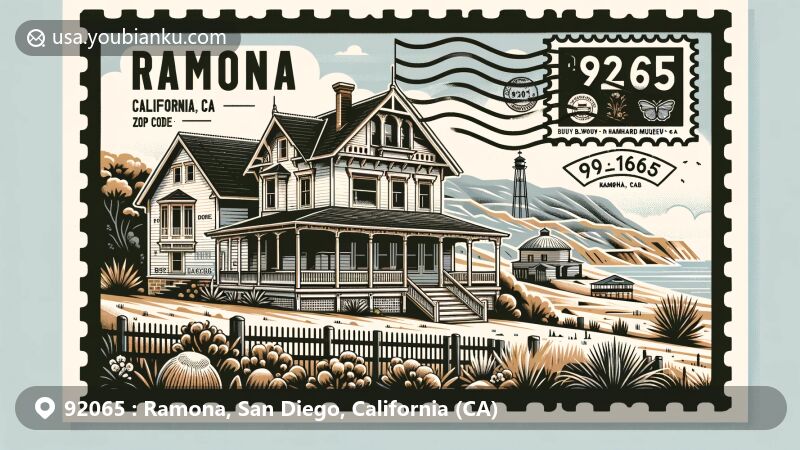 Modern illustration of Ramona, San Diego County, California, postcard design featuring landmarks like Verlaque House and Guy B. Woodward Museum in Ramona Grasslands and Sutherland Reservoir.